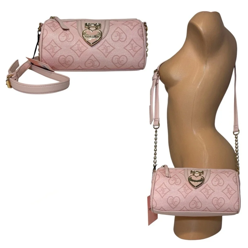 Juicy Couture Precious Moments Roll Bag Pink Clay Monogram Heart Crossbody NEW - Picture 10 of 10